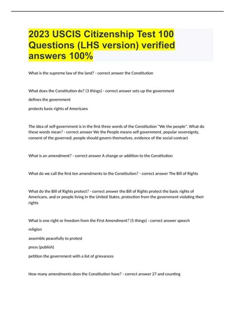 2023 USCIS Citizenship Test 100 Questions (LHS version) verified