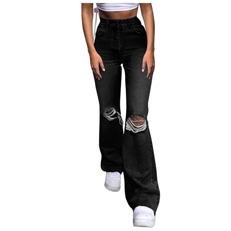 High Waist Elasticity Overalls Denim Womens Skinny Ripped Bell Bottom Jeans High Waisted Flare