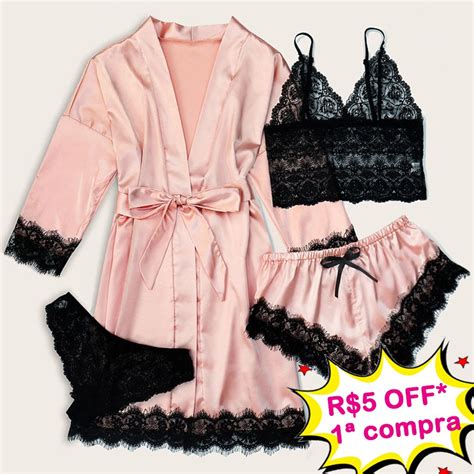 Conjunto De Lingerie Feminina Pe As Robe Longo Em Cetim Calcinha E