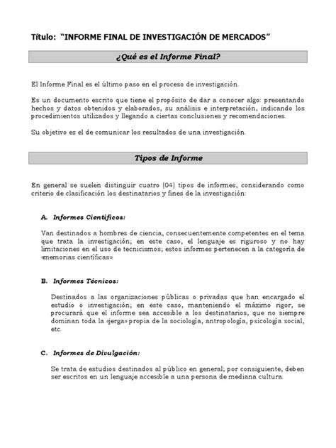 Informe Final De Investigacion De Mercados Pdf Investigación De