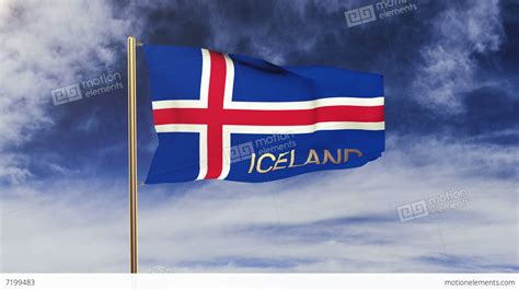 Iceland Flag With Title Waving In The Wind Looping Sun Rises Style