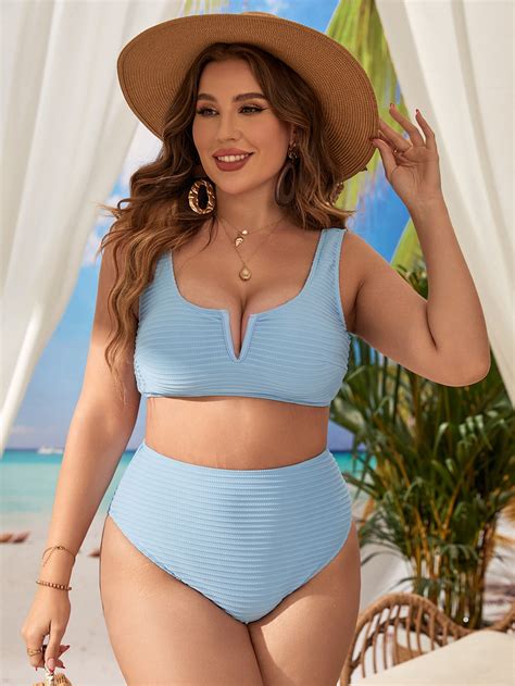 SHEIN Swim Vcay Plus Textured Bikini Set V Wired Wireless Bra Top