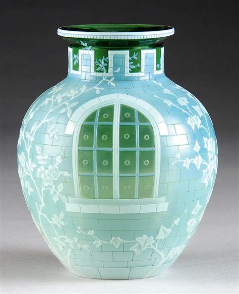 English Cameo Glass Highlighted By A Webb Windowpane Vase White And Gray Glazes Over A Green