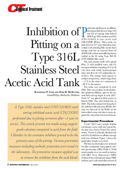 Pdf Inhibition Of Pitting On A Type 316l Stainless Steel Acetic Acid Tank