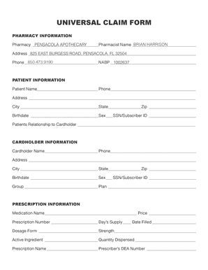 Fillable Online Universal Claim Form Pensacola Apothecary Fax Email