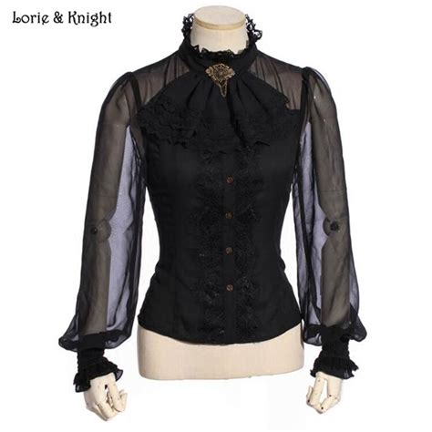 Steampunk Dentelle Up Design Gothique Tops Manches Longues Noir Blouse