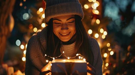 Pretty Brunette Woman Opens An Adorable Present With Lights Premium AI Generated Image