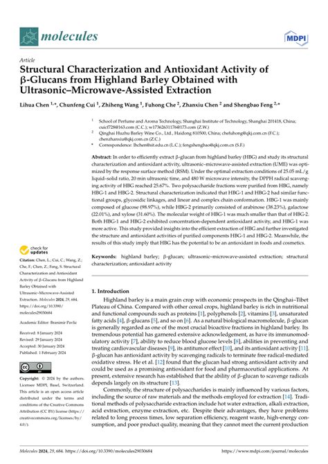 Pdf Structural Characterization And Antioxidant Activity Of β Glucans From Highland Barley