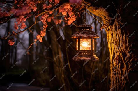 Premium AI Image | Lantern hanging from a tree illuminating the parks ...