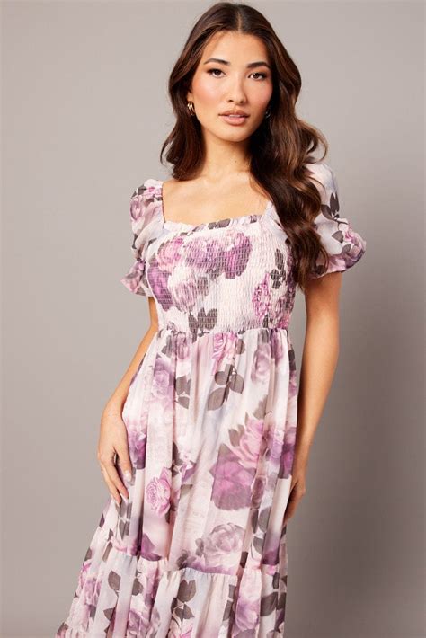 Pink Floral Maxi Dress Puff Sleeve Ally Fashion