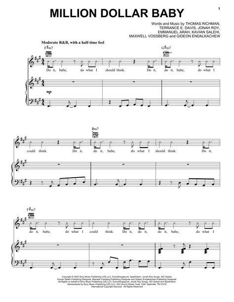 Million Dollar Baby By Tommy Richman Sheet Music For Piano Vocal