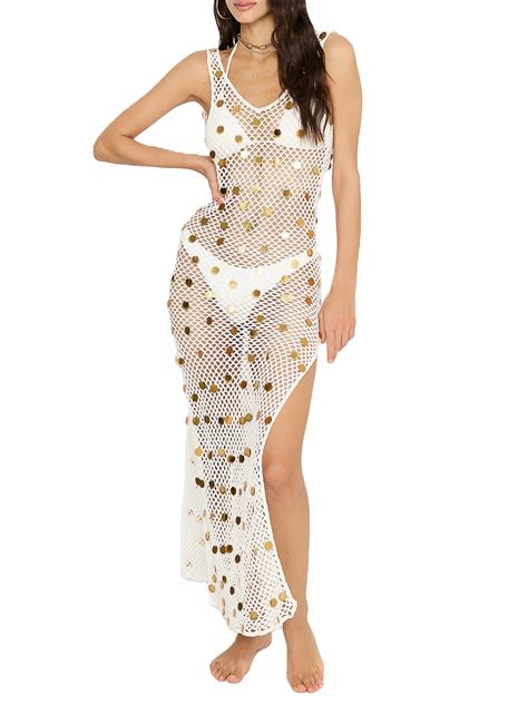 Biezeib Women Bikini Cover Up Long Beach Dresses Gold Sequins Cutout V