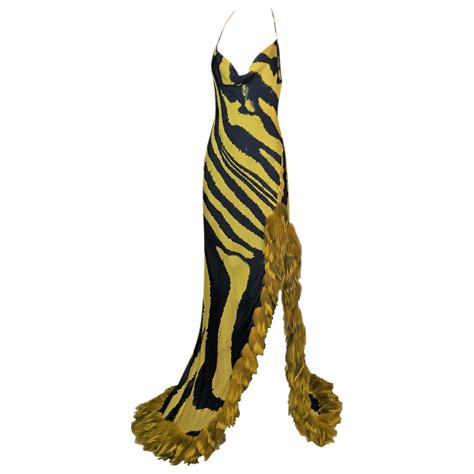 F W 2000 Roberto Cavalli Runway Aaliyah Yellow Black Zebra Gown Dress