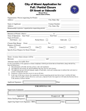 Fillable Online City Of Miami Application For Full Partial Closure Of