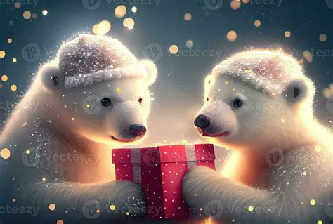 Two Polar Bears Giving T Box Together In The North Pole With Snowy Background Christmas Day