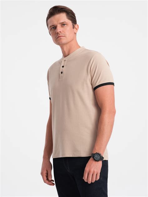 Men S Collarless Polo Shirt Beige V5 OM TSCT 0156 MODONE Wholesale