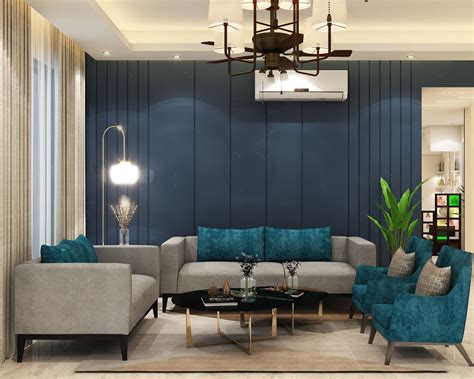 Compact Living Room Design With Blue Accent Wall Livspace