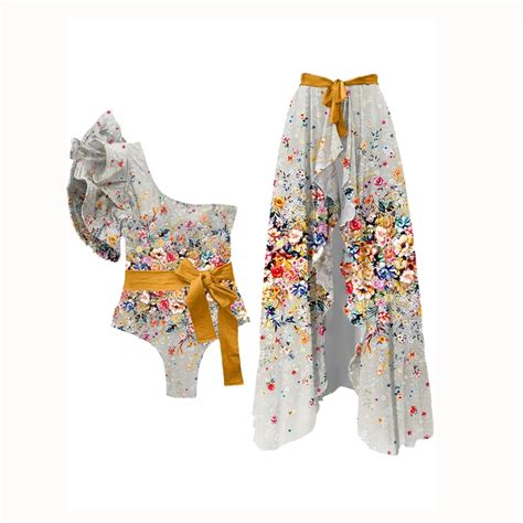 Ruffled Floral Print Colorblock One Piece Luxury Swimsuit Sexy Deep V Bikini Set With Yellow