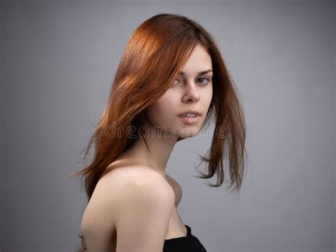 Fashionable Woman With Red Hair Naked Shoulders Side View Stock Photo Image Of Cute Color