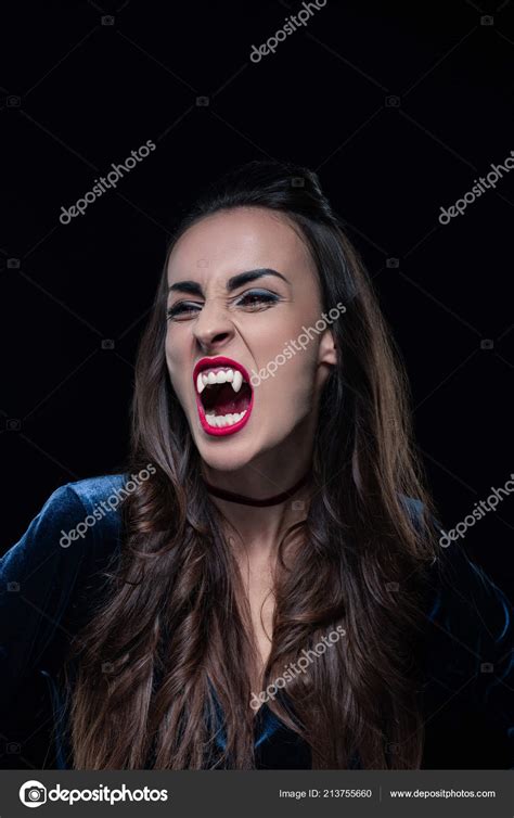 Beautiful Woman Showing Vampire Teeth Isolated Black — Stock Photo ...