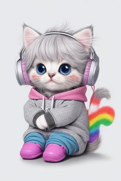 Premium Ai Image A Picture Of A Cat Wearing Headphones And A Rainbow