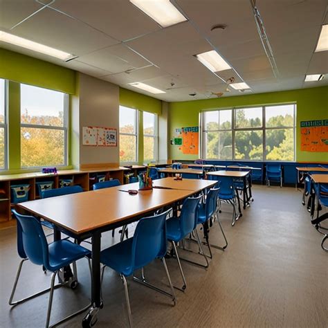 Modern classroom interior design with organized desks vibrant colors ...