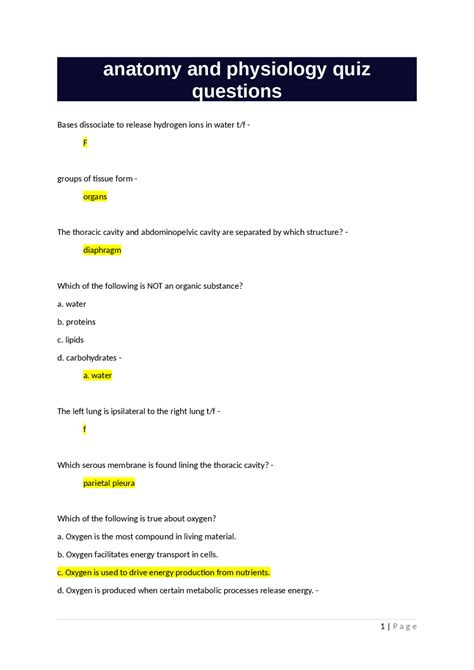 anatomy and physiology quiz questions | Exams Anatomy | Docsity