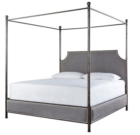 Sojourn Grey Linen Upholstered King Iron Canopy Bed Iron Canopy Bed