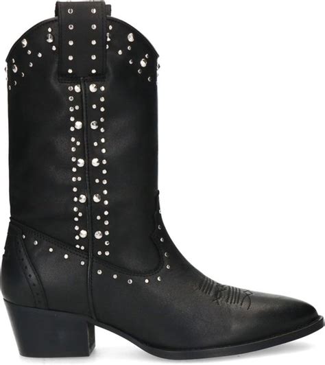 Sacha Dames Zwarte Cowboylaarsjes Met Zilverkleurige Studs Maat