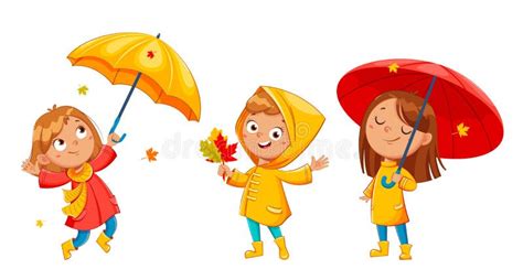 Funny Boy In Raincoat Playing In Puddle Enjoying Autumn Weather Vector Flat Illustration