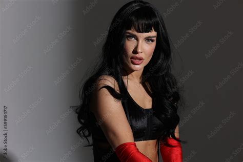 Pinup Vintage Girl Lay On Floor In Lingerie Black Wig Underwear Stockings And Red Gloves Big