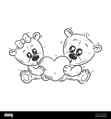 Two Cute Bears Sitting Carrying A Heart Cartoon Vector For Coloring