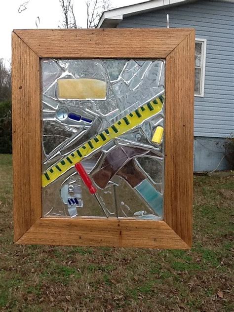 Carpenter Stained Glass Mosaic Window Art Sun Catcher Ooak Handmade Fathers Day Hammer Screw