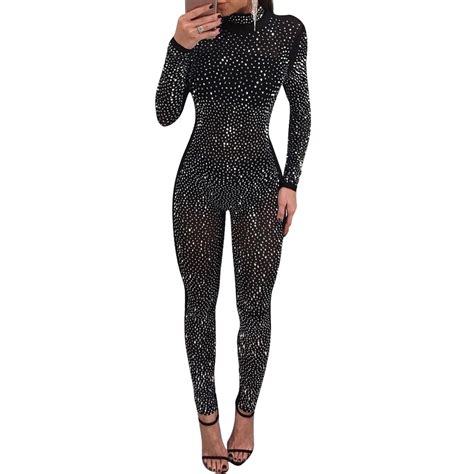 New Womens Sexy Clubwear Jumpsuits Solid O Neck Long Sleeve Diamonds