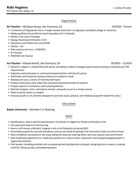 Art Teacher Resume Samples | Velvet Jobs