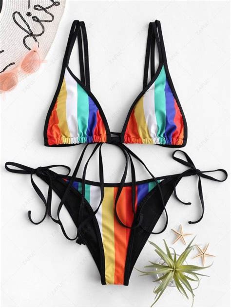 29 OFF 2021 ZAFUL Rainbow Striped Tie String Bikini Swimsuit In