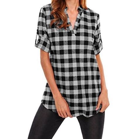 Beyove Women S Cuffed Sleeve V Neck Pullover Plaid Top T Shirt Blo