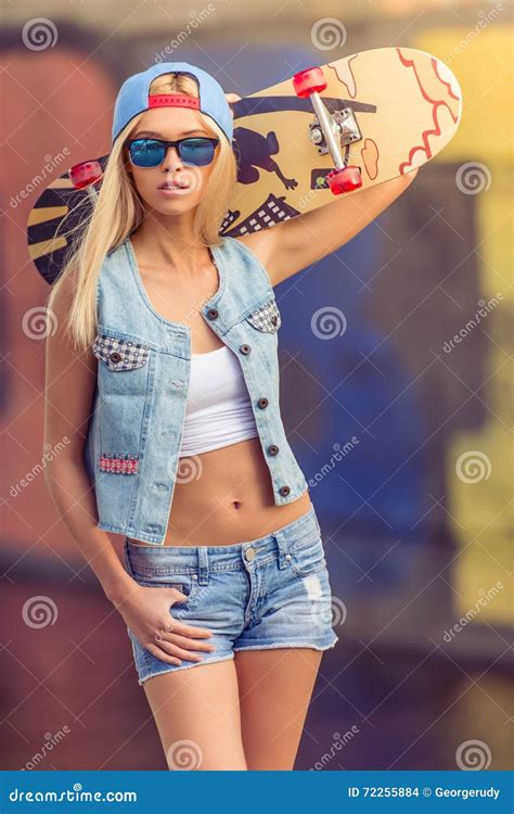 Beautiful Skateboarding Girl Stock Photo Image Of Caucasian Fashion