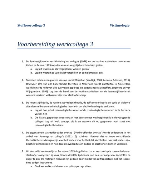 Werkcollege 3 Voorbereiding Stof Hoorcollege 3 Victimologie