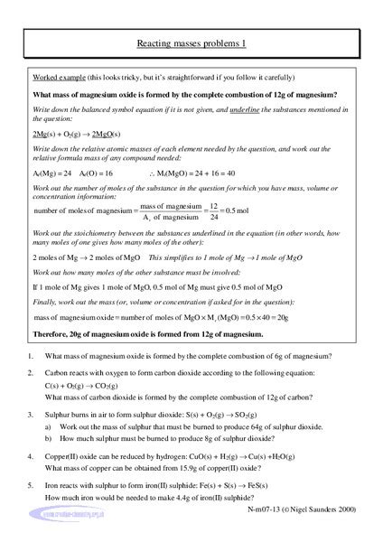 Reacting Masses Problems Worksheet For 9th Higher Ed Lesson Planet