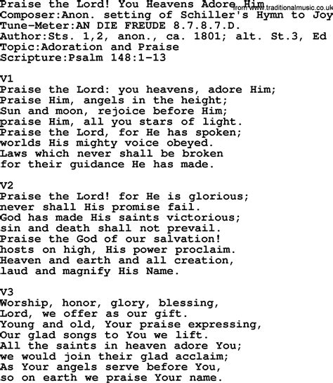 Adventist Hymn Praise The Lord You Heavens Adore Him Christian Song Lyrics With Pdf