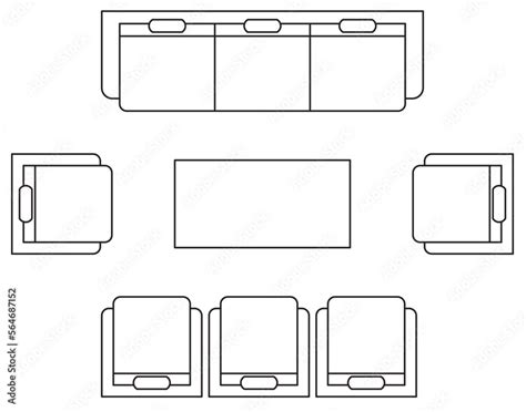 2D graphic drawing of the top view layout of the sofa set and its side ...