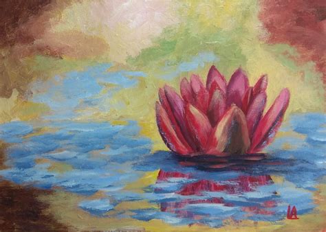 Water Lily Painting Flower Original Art Water Artwork Acrylic Painting on Paper Size 16 by 12 in ...