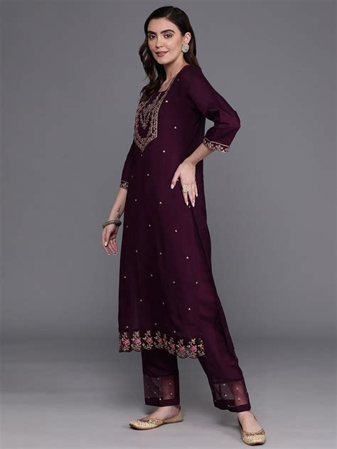 Poly Silk Indo Era Burgundy Embroidered Straight Kurta Trousers With