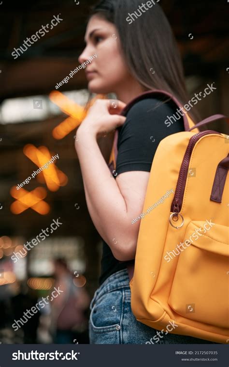Backpack Worn By Student Brunette Girl Stock Photo Shutterstock
