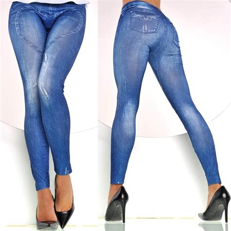 New Women Sexy Print Tattoo Jean Look Legging Sport Leggins Punk