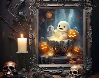 Cute Printable Halloween Ghost In A Bathtub With Pumpkins Fantasy Art