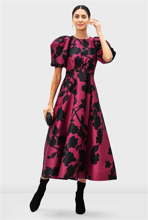 Shop Puff Sleeve Floral Print Dupioni Dress Eshakti