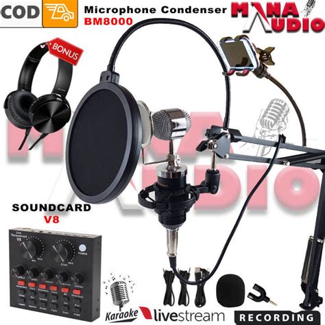 Paket Streaming Lengkap Microphone Condenser BM8000 Plus SoundCard V8