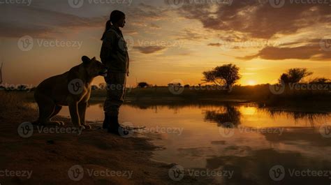 A soldier standing guard while a lioness drinks from a watering hole ...